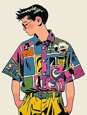 JPG 패션 남자 안경 대학생 셔츠 패턴 일러스트 한명 성인 쇼핑 컬러풀 빈티지 복고 주머니손 성인남자한명만 80년대 키치 국내일러스트 AI일러스트 AI콘텐츠 1 학생 잡화 컬러 컨셉 상의 무늬 모션 사람 남자한명만 성인남자만 파일형식