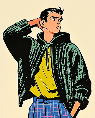 JPG 패션 남자 대학생 패턴 일러스트 바지 한명 성인 쇼핑 컬러풀 빈티지 복고 주머니손 후드집업 성인남자한명만 80년대 키치 국내일러스트 AI일러스트 AI콘텐츠 1 학생 컬러 컨셉 무늬 모션 하의 사람 겉옷 남자한명만 성인남자만 파일형식