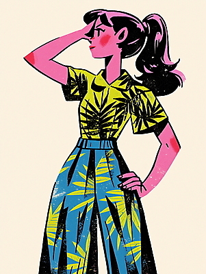 JPG 여자 패션 대학생 셔츠 패턴 일러스트 바지 한명 성인 쇼핑 컬러풀 빈티지 복고 주머니손 하와이안 성인여자한명만 80년대 키치 국내일러스트 AI일러스트 AI콘텐츠 1 학생 컬러 컨셉 상의 무늬 모션 하의 사람 여자한명만 성인여자만 파일형식