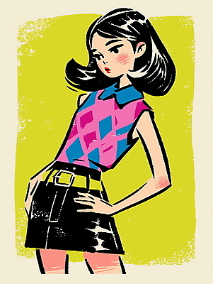 JPG 여자 패션 대학생 패턴 일러스트 한명 성인 쇼핑 치마 컬러풀 벨트 조끼 빈티지 복고 주머니손 성인여자한명만 80년대 키치 국내일러스트 AI일러스트 AI콘텐츠 1 학생 잡화 컬러 컨셉 무늬 모션 하의 사람 외투 여자한명만 성인여자만 파일형식