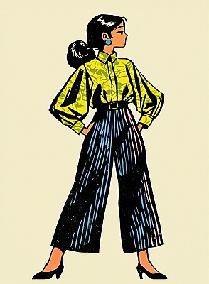 JPG 전신 여자 패션 구두 대학생 허리손 셔츠 패턴 일러스트 바지 한명 성인 쇼핑 컬러풀 귀걸이 빈티지 복고 성인여자한명만 80년대 키치 국내일러스트 AI일러스트 AI콘텐츠 1 학생 컬러 포즈 신발 컨셉 상의 무늬 장신구 하의 사람 여자한명만 성인여자만 파일형식