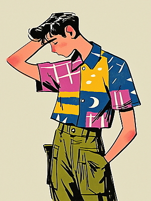 JPG 패션 남자 대학생 셔츠 패턴 일러스트 한명 성인 쇼핑 컬러풀 빈티지 복고 주머니손 성인남자한명만 80년대 키치 국내일러스트 AI일러스트 AI콘텐츠 1 학생 컬러 컨셉 상의 무늬 모션 사람 남자한명만 성인남자만 파일형식