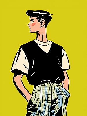 JPG 패션 남자 대학생 티셔츠 패턴 일러스트 한명 성인 쇼핑 컬러풀 조끼 빈티지 복고 주머니손 성인남자한명만 80년대 키치 국내일러스트 AI일러스트 AI콘텐츠 1 학생 컬러 컨셉 셔츠 무늬 모션 사람 외투 남자한명만 성인남자만 파일형식