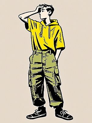 JPG 전신 패션 남자 대학생 패턴 일러스트 바지 한명 성인 쇼핑 컬러풀 빈티지 복고 주머니손 후드티셔츠 성인남자한명만 80년대 키치 국내일러스트 AI일러스트 AI콘텐츠 1 학생 컬러 컨셉 티셔츠 무늬 모션 하의 사람 남자한명만 성인남자만 파일형식