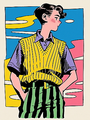 JPG 패션 남자 대학생 셔츠 패턴 일러스트 한명 성인 쇼핑 컬러풀 조끼 빈티지 복고 주머니손 성인남자한명만 80년대 키치 국내일러스트 AI일러스트 AI콘텐츠 1 학생 컬러 컨셉 상의 무늬 모션 사람 외투 남자한명만 성인남자만 파일형식