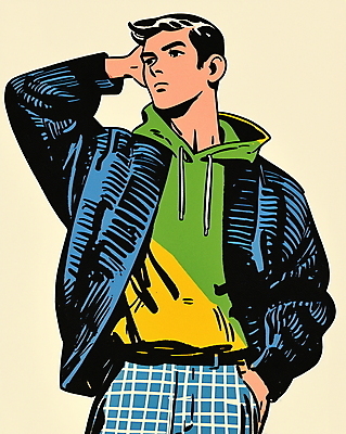 JPG 패션 남자 대학생 패턴 일러스트 바지 한명 성인 쇼핑 컬러풀 빈티지 복고 주머니손 후드티셔츠 성인남자한명만 80년대 키치 국내일러스트 AI일러스트 AI콘텐츠 1 학생 컬러 컨셉 티셔츠 무늬 모션 하의 사람 남자한명만 성인남자만 파일형식