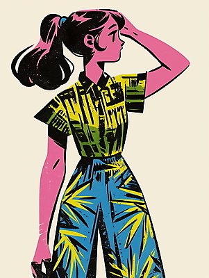 JPG 여자 패션 대학생 셔츠 패턴 일러스트 한명 성인 쇼핑 컬러풀 빈티지 복고 하와이안 성인여자한명만 80년대 키치 와이드팬츠 국내일러스트 AI일러스트 AI콘텐츠 1 학생 컬러 컨셉 상의 무늬 바지 사람 여자한명만 성인여자만 파일형식