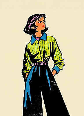 JPG 여자 패션 대학생 셔츠 패턴 일러스트 바지 한명 성인 쇼핑 컬러풀 빈티지 복고 주머니손 성인여자한명만 80년대 키치 국내일러스트 AI일러스트 AI콘텐츠 1 학생 컬러 컨셉 상의 무늬 모션 하의 사람 여자한명만 성인여자만 파일형식