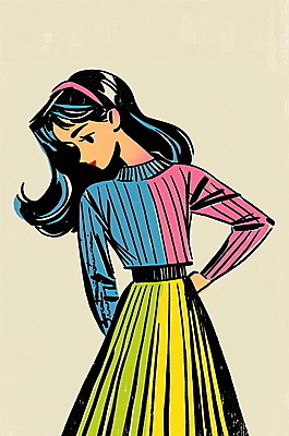 JPG 여자 패션 대학생 허리손 패턴 일러스트 한명 성인 쇼핑 치마 컬러풀 머리띠 빈티지 복고 성인여자한명만 80년대 키치 국내일러스트 AI일러스트 AI콘텐츠 1 학생 컬러 포즈 컨셉 무늬 장신구 하의 사람 여자한명만 성인여자만 파일형식