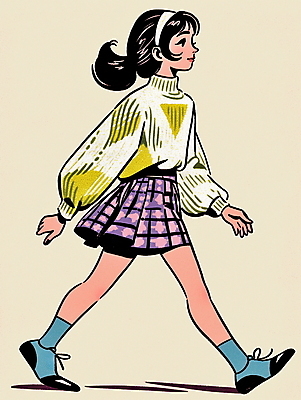 JPG 전신 여자 패션 대학생 패턴 일러스트 한명 성인 쇼핑 치마 컬러풀 걷기 머리띠 빈티지 스웨터 복고 단화 성인여자한명만 80년대 키치 국내일러스트 AI일러스트 AI콘텐츠 1 학생 컬러 신발 컨셉 상의 무늬 장신구 모션 하의 사람 여성화 여자한명만 성인여자만 파일형식