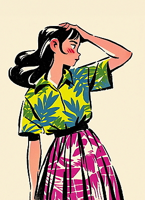 JPG 여자 패션 대학생 셔츠 패턴 일러스트 한명 성인 쇼핑 컬러풀 빈티지 복고 하와이안 성인여자한명만 80년대 키치 국내일러스트 AI일러스트 AI콘텐츠 1 학생 컬러 컨셉 상의 무늬 사람 여자한명만 성인여자만 파일형식