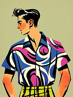 JPG 패션 남자 대학생 셔츠 패턴 일러스트 한명 성인 쇼핑 컬러풀 빈티지 복고 하와이안 성인남자한명만 80년대 키치 국내일러스트 AI일러스트 AI콘텐츠 1 학생 컬러 컨셉 상의 무늬 사람 남자한명만 성인남자만 파일형식