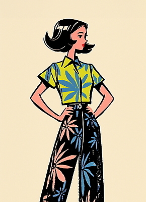 JPG 여자 패션 대학생 허리손 셔츠 패턴 일러스트 한명 성인 쇼핑 컬러풀 빈티지 복고 하와이안 성인여자한명만 80년대 키치 국내일러스트 AI일러스트 AI콘텐츠 1 학생 컬러 포즈 컨셉 상의 무늬 사람 여자한명만 성인여자만 파일형식