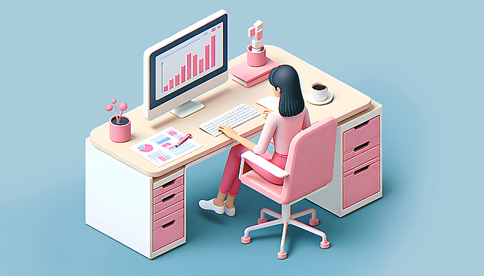 PSD 편집이미지 여자 분홍색 의자 그래프 직장 한명 앉기 성인 사무실 노란색 모니터 키보드 업무 작업 책상 분석 디지털합성 문서 워커홀릭 성인여자한명만 편집소스 편집3D 1 컬러 가구 컨셉 회사 비즈니스 모션 사람 컴퓨터 3D 여자한명만 성인여자만 파일형식