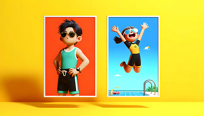 JPG 구름 편집이미지 캐릭터 여자 남자 수영복 어린이 허리손 자연 놀이 휴가 수영장 소녀 소년 두명 여름 세트 선글라스 노란색 손들기 점프 만세 자유 즐거움 튜브 활기 어린이만 편집3D AI컴퓨터그래픽 AI콘텐츠 자연요소 옷 계절 감정 안경 컬러 포즈 컨셉 모션 사람 3D 생태계 파일형식