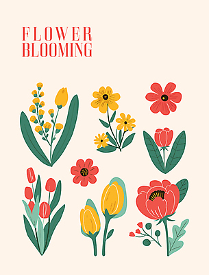 꽃잎 스티커 일러스트 자연 따뜻함 타이포그라피 사람없음 노란색 튤립 풀잎 그림 베이지색 엘리먼트 국내일러스트 AI파일 문자 꽃 컬러 잎 풀_식물 생태계 파일형식 벡터