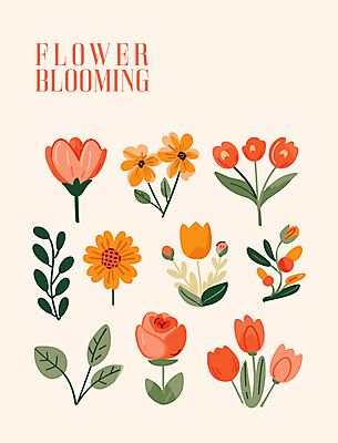 꽃잎 스티커 일러스트 자연 따뜻함 타이포그라피 사람없음 노란색 튤립 풀잎 그림 베이지색 엘리먼트 국내일러스트 AI파일 문자 꽃 컬러 잎 풀_식물 생태계 파일형식 벡터