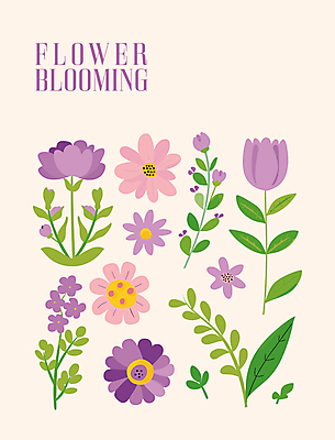 꽃잎 스티커 일러스트 자연 따뜻함 타이포그라피 사람없음 초록색 보라색 튤립 풀잎 그림 베이지색 엘리먼트 국내일러스트 AI파일 문자 꽃 컬러 잎 풀_식물 생태계 파일형식 벡터