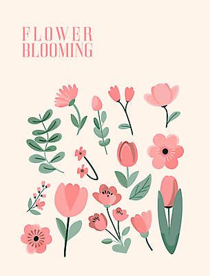 꽃잎 스티커 일러스트 자연 따뜻함 타이포그라피 사람없음 초록색 튤립 풀잎 그림 베이지색 엘리먼트 국내일러스트 AI파일 문자 꽃 컬러 잎 풀_식물 생태계 파일형식 벡터