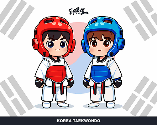 남자 어린이 일러스트 캘리그라피 소년 두명 운동 태극기 헬멧 보호장비 태권도 태권도복 소년만 국내일러스트 AI파일 건강 도복 사람 격투기 장비 국기 남자만 어린이만 파일형식 벡터