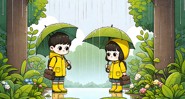 JPG 나무 여자 남자 꽃 어린이 가방 일러스트 우산 나뭇잎 장화 들기 소녀 소년 두명 여름 귀여움 풀잎 숲 빗방울 우비 어린이만 국내일러스트 AI일러스트 AI콘텐츠 식물 잡화 옷 계절 신발 컨셉 잎 모션 사람 풀_식물 비_날씨 파일형식