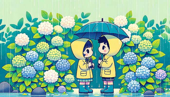 JPG 여자 남자 어린이 일러스트 우산 나뭇잎 장화 들기 소녀 소년 두명 여름 마주보기 귀여움 바위 풀잎 숲 빗방울 우비 수국 어린이만 국내일러스트 AI일러스트 AI콘텐츠 옷 계절 꽃 신발 컨셉 잎 모션 사람 돌_바위 풀_식물 비_날씨 파일형식