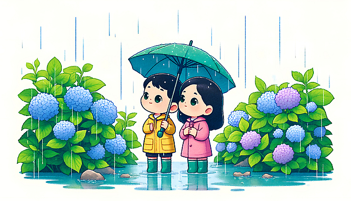 JPG 여자 남자 어린이 일러스트 우산 나뭇잎 장화 들기 소녀 소년 두명 여름 귀여움 풀잎 숲 빗방울 우비 손모으기 수국 어린이만 국내일러스트 AI일러스트 AI콘텐츠 옷 계절 꽃 신발 컨셉 잎 모션 사람 손짓 풀_식물 비_날씨 파일형식