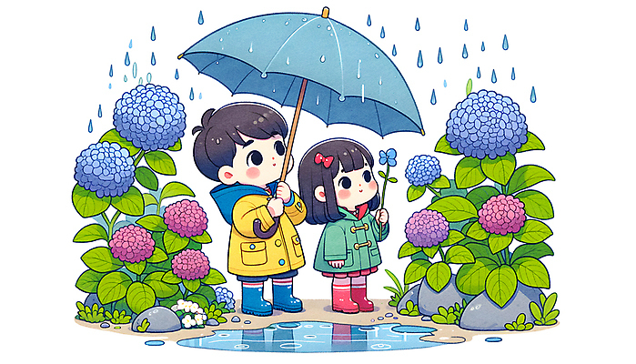 JPG 여자 남자 어린이 일러스트 우산 나뭇잎 장화 들기 소녀 소년 두명 여름 귀여움 바위 풀잎 숲 빗방울 우비 수국 어린이만 국내일러스트 AI일러스트 AI콘텐츠 옷 계절 꽃 신발 컨셉 잎 모션 사람 돌_바위 풀_식물 비_날씨 파일형식