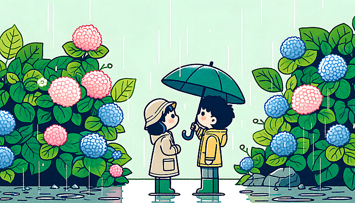 JPG 모자 여자 남자 어린이 일러스트 우산 나뭇잎 장화 들기 소녀 소년 두명 여름 귀여움 바위 풀잎 숲 빗방울 우비 수국 어린이만 국내일러스트 AI일러스트 AI콘텐츠 잡화 옷 계절 꽃 신발 컨셉 잎 모션 사람 돌_바위 풀_식물 비_날씨 파일형식