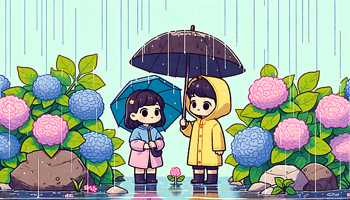 JPG 여자 남자 어린이 일러스트 우산 나뭇잎 장화 들기 소녀 소년 두명 여름 마주보기 귀여움 바위 풀잎 숲 빗방울 우비 수국 어린이만 국내일러스트 AI일러스트 AI콘텐츠 옷 계절 꽃 신발 컨셉 잎 모션 사람 돌_바위 풀_식물 비_날씨 파일형식