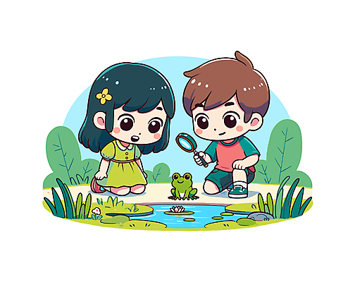 전신 꽃 어린이 일러스트 자연 돋보기 개구리 들기 앉기 소녀 소년 두명 귀여움 관찰 연못 풀잎 숲 어린이만 국내일러스트 AI파일 식물 여자 남자 컨셉 잎 모션 양서류 사람 풀_식물 생태계 파일형식 벡터