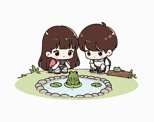 전신 응시 어린이 가방 일러스트 자연 돋보기 개구리 들기 앉기 소녀 소년 두명 카메라 귀여움 관찰 연못 풀잎 연잎 어린이만 국내일러스트 AI파일 시선 잡화 여자 남자 컨셉 잎 모션 양서류 사람 전자제품 풀_식물 생태계 파일형식 벡터