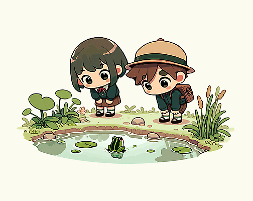 전신 모자 어린이 가방 일러스트 자연 돋보기 개구리 들기 소녀 소년 두명 귀여움 관찰 연못 풀잎 연잎 어린이만 국내일러스트 AI파일 잡화 여자 남자 컨셉 잎 모션 양서류 사람 풀_식물 생태계 파일형식 벡터