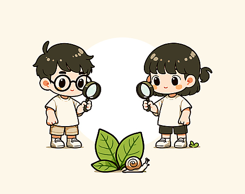 전신 안경 어린이 일러스트 자연 돋보기 실내 들기 소녀 소년 두명 귀여움 관찰 풀잎 달팽이 어린이만 카피스페이스 국내일러스트 AI파일 잡화 여자 남자 컨셉 잎 모션 연체동물 사람 내부 공백 풀_식물 생태계 파일형식 벡터