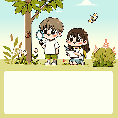 전신 나무 구름 꽃 종이 어린이 나비 곤충 가방 일러스트 자연 하늘 돋보기 들기 소녀 소년 두명 연필 귀여움 관찰 풀잎 숲 사슴벌레 어린이만 카피스페이스 국내일러스트 AI파일 자연요소 식물 동물 잡화 여자 남자 컨셉 잎 모션 학용품 사람 필기구 공백 풀_식물 생태계 파일형식 벡터