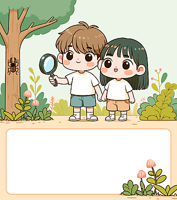 전신 나무 꽃 어린이 곤충 일러스트 자연 돋보기 들기 소녀 소년 두명 귀여움 관찰 풀잎 숲 사슴벌레 어린이만 카피스페이스 국내일러스트 AI파일 식물 동물 여자 남자 컨셉 잎 모션 사람 공백 풀_식물 생태계 파일형식 벡터