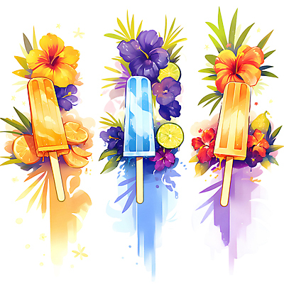 JPG 꽃 조각 잎 과일 일러스트 단면 수채화 사람없음 여름 컬러풀 달콤 시원함 막대아이스크림 트로피컬아트 국내일러스트 AI일러스트 AI콘텐츠 식물 계절 컬러 아이스크림 맛 그림 파일형식