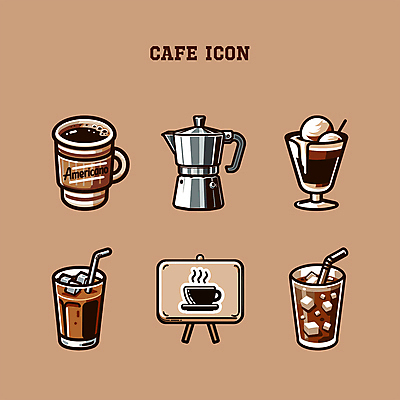 아이콘 주전자 아이스크림 잔 간판 빨대 사람없음 컵 갈색 얼음 카페 분위기 메뉴 아메리카노 아이스커피 아포카토 2025년 트렌드컬러 2D아이콘 모카무스 AI파일 자연요소 식기 커피 컬러 컨셉 주방용품 디저트 상점 연도 파일형식 벡터