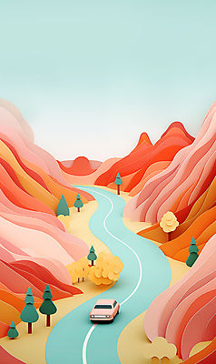 JPG 나무 편집이미지 도로 분홍색 여행 자동차 자연 산 풍경 사람없음 여름휴가 주황색 드라이브 분위기 페이퍼아트 색종이 카피스페이스 편집실사 AI포토 AI콘텐츠 식물 종이 길 육상교통 컬러 컨셉 교통시설 휴가 공백 운전 CG 생태계 파일형식 여름_계절