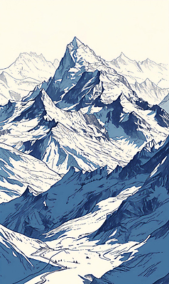 JPG 겨울 일러스트 자연 하늘 풍경 사람없음 파란색 눈 분위기 스케치 봉우리 카피스페이스 설산 산맥 국내일러스트 AI일러스트 AI콘텐츠 자연요소 계절 컬러 컨셉 날씨 산 미술 공백 생태계 파일형식