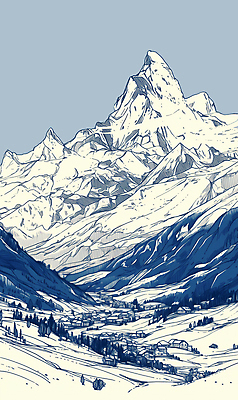 JPG 겨울 일러스트 자연 하늘 주택 풍경 사람없음 파란색 마을 눈 분위기 스케치 봉우리 카피스페이스 설산 산맥 국내일러스트 AI일러스트 AI콘텐츠 자연요소 계절 컬러 컨셉 날씨 산 미술 건물 공백 생태계 파일형식