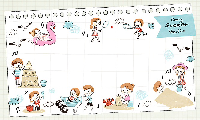 PSD 구름 여자 남자 어린이 음표 일러스트 갈매기 휴식 프레임 소녀 소년 여러명 여름휴가 바구니 꽃게 흰색 삽 배드민턴 모래성 튜브 모래놀이 어린이만 카피스페이스 플라밍고튜브 국내일러스트 자연요소 기호 음악 모래 컬러 다수 컨셉 놀이 조류 휴가 사람 구기 공백 게 파일형식 여름_계절