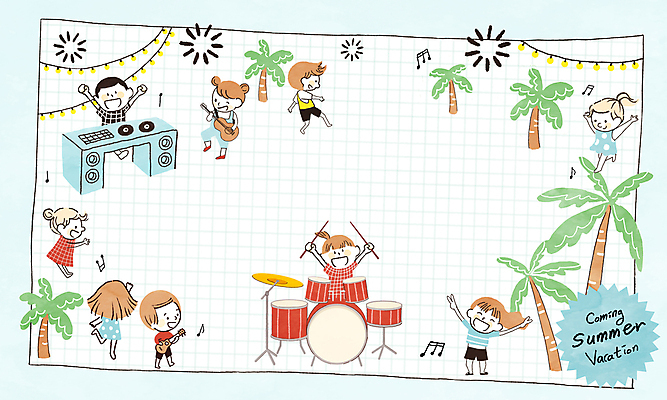 PSD 여자 남자 어린이 음악 바다 음표 일러스트 전구 휴식 프레임 소녀 소년 여러명 여름휴가 야자수 축제 흰색 기타 춤 DJ 즐거움 드럼 어린이만 카피스페이스 여름축제 국내일러스트 나무 기호 감정 컬러 다수 컨셉 현악기 휴가 문화예술 타악기 사람 공백 파일형식 여름_계절