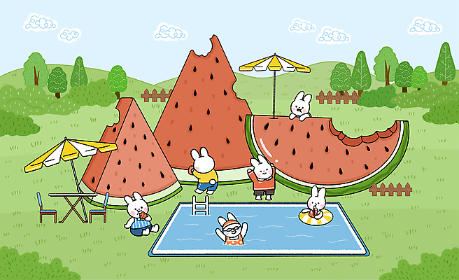 PSD 나무 수영복 음료 의자 일러스트 사다리 탁자 하늘 휴식 산 수박 수영장 들기 잔디 사람없음 초록색 여름 울타리 수영 파라솔 먹기 토끼캐릭터 튜브 카피스페이스 국내일러스트 식물 옷 계절 컬러 동물캐릭터 가구 컨셉 과일 모션 담장 공백 도구 토끼 수상스포츠 파일형식