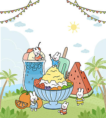 PSD 구름 음료 포크 오렌지 일러스트 휴식 아이스크림 수박 들기 앉기 잔디 사람없음 초록색 여름 야자수 태양 얼음 먹기 토끼캐릭터 빙수 가랜드 카피스페이스 국내일러스트 자연요소 나무 식물 식기 계절 컬러 동물캐릭터 컨셉 과일 모션 디저트 공백 토끼 파티용품 파일형식