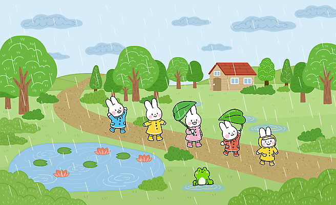 PSD 나무 구름 일러스트 휴식 주택 연꽃 개구리 장화 잔디 사람없음 초록색 여름 연못 비 연잎 토끼캐릭터 웅덩이 우비 나뭇잎우산 카피스페이스 국내일러스트 자연요소 식물 옷 계절 꽃 컬러 동물캐릭터 신발 컨셉 잎 우산 날씨 양서류 건물 공백 토끼 파일형식