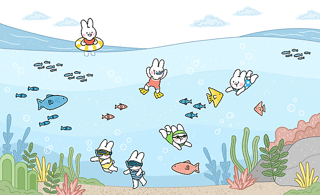 PSD 구름 수영복 바다 일러스트 휴식 어류 사람없음 여름 파란색 수영 바위 해초 산호초 물안경 토끼캐릭터 튜브 카피스페이스 국내일러스트 자연요소 옷 계절 컬러 동물캐릭터 컨셉 수중동물 공백 돌_바위 토끼 수상스포츠 수중식물 해조류 수영용품 파일형식