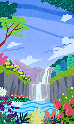 PSD 나무 구름 일러스트 자연 하늘 풍경 사람없음 컬러풀 계곡 여름풍경 폭포 튤립 풀잎 화려 국내일러스트 자연요소 식물 꽃 컬러 컨셉 잎 풀_식물 생태계 파일형식 여름_계절