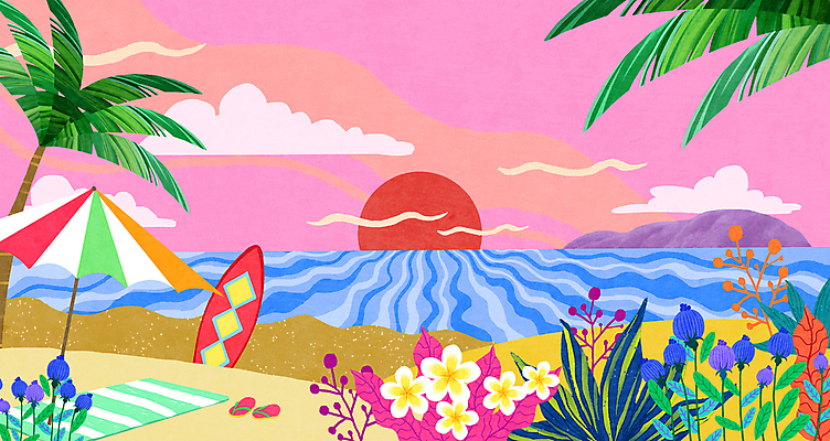 PSD 구름 바다 일러스트 하늘 슬리퍼 풍경 사람없음 컬러풀 야자수 태양 여름풍경 파라솔 서핑보드 풀잎 화려 열대식물 비치타올 열대꽃 국내일러스트 자연요소 나무 식물 꽃 컬러 신발 컨셉 잎 수건 보드_스포츠 풀_식물 파일형식 여름_계절