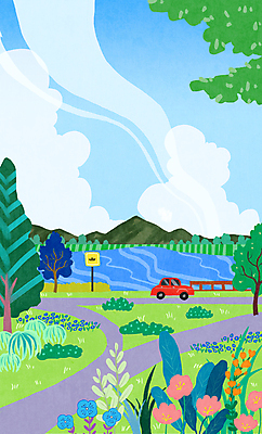 PSD 나무 구름 꽃 도로 일러스트 자동차 하늘 산 풍경 사람없음 초록색 여름풍경 표지판 풀잎 화려 국내일러스트 자연요소 식물 길 육상교통 컬러 컨셉 잎 교통시설 알림판 풀_식물 파일형식 여름_계절